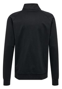 Felpa nera con colletto alto, maniche lunghe e polsini e orlo a coste. Texture liscia con un design minimalista e senza loghi visibili.
