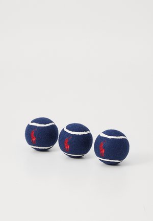 Three navy blue tennis balls, covered in felt, featuring white stripes and a red polo logo. They are round and uniform in size.