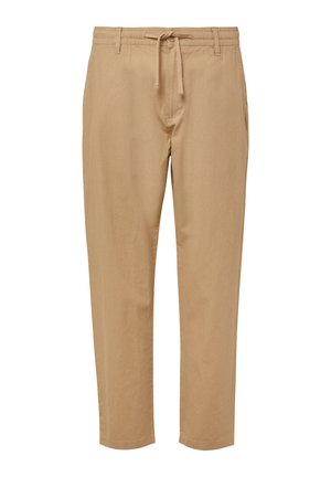 Gaiši brūnas brīva piegriezuma bikses, izgatavotas no mīksta auduma ar elastīgu jostu un auklu. Iespējas sānu kabatas un sašaurināti legi.