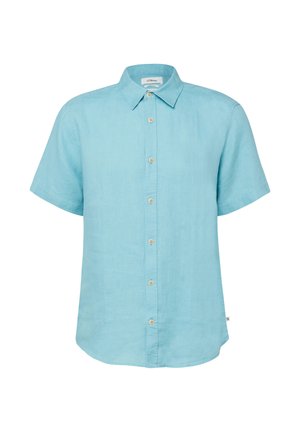 Lichtblauw overhemd met korte mouwen en knopen, met puntkraag en beige knopen, gemaakt van een gestructureerde stof.