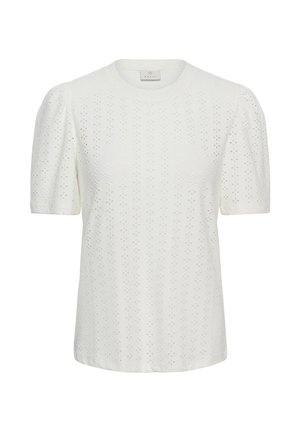 Blouse blanche à manches courtes avec épaules bouffantes et motif floral délicat en dentelle ajourée sur toute la surface.