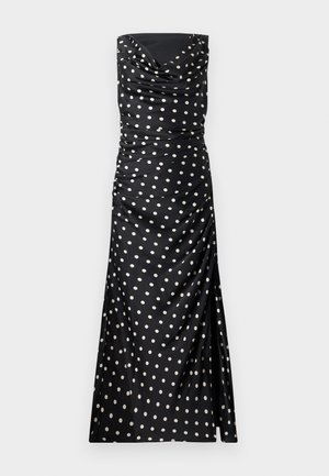 Robe de soirée noire sans bretelles avec des pois crème, comportant un tissu drapé, des détails froncés et une silhouette ajustée et fluide.