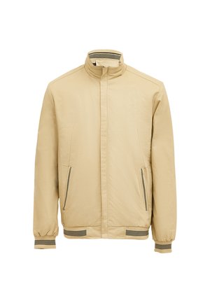 Beige Jacke mit Stehkragen, Reißverschluss vorne, zwei seitlichen Reißverschluss-Taschen und gestreiftem Saum-Detail. Aus glattem, leichtem Stoff gefertigt.