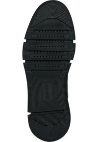 Semelle en caoutchouc noire avec motifs texturés, rainures et perforations pour la ventilation. Présente le logo "GEOX" embossé sur le côté.