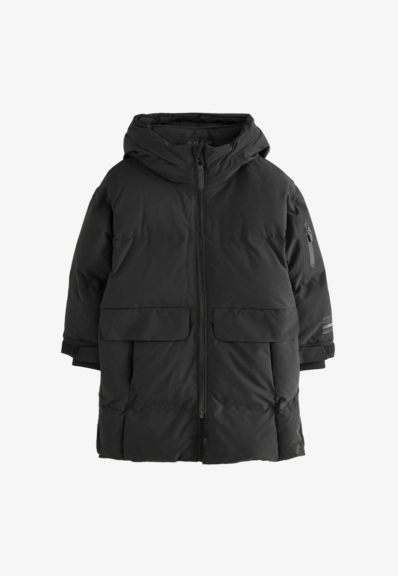 Fekete pehelydzseki kapucnival, cipzáras elülső résszel, két nagy tépőzáras zsebbel és rugalmas mandzsettákkal. Vastag, steppelt anyag, matt felülettel.