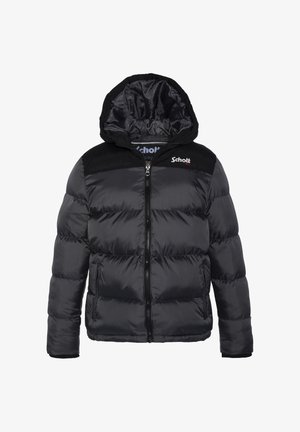 Schwarze Pufferjacke mit Reißverschluss, Kapuze und glatter Textur. Verfügt über kontrastierende schwarze Schulterneuper und ein Logo auf der Brust.