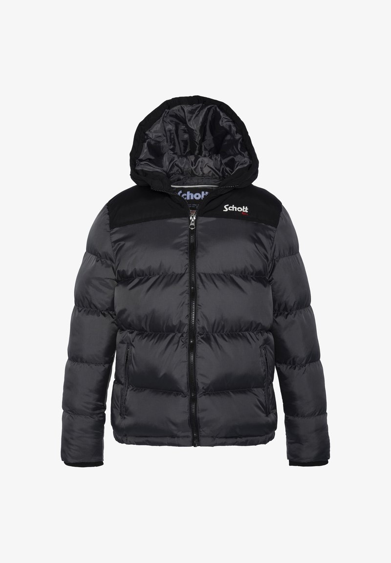 Schwarze Pufferjacke mit Reißverschluss, Kapuze und glatter Textur. Verfügt über kontrastierende schwarze Schulterneuper und ein Logo auf der Brust.