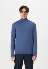 Blue zip-neck sweater with long sleeves, made of knitted fabric, featuring ribbed accents on cuffs and hem for texture and fit.