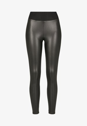 Schwarze, hochtaillierte Leggings aus glänzendem, elastischem Material. Sie verfügen über eine glatte Textur und ein figurbetonendes Design ohne sichtbare Nähte.