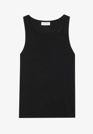 Zwarte tanktop van ribstof, met een ronde halslijn en zonder mouwen, voorzien van een rechte zoom en een minimalistisch ontwerp.