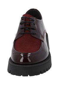 Burgundy leather shoes with a matte suede upper, round toe, black laces, and a thick, textured black rubber sole.