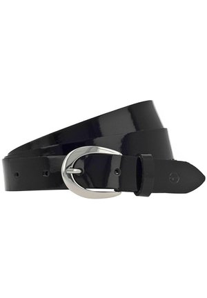 Ceinture en cuir verni noir avec une finition brillante, dotée d'une boucle ovale de couleur argent, d'ouvertures pour réglage et d'une pointe effilée.