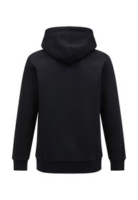 Sort hætte sweatshirt med en glat overflade, lange ærmer og ribbede manchetter. Har en kenguru lomme og et klassisk fit design.