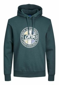 Sudadera de algodón verde con cordón, que presenta un logo circular en blanco y colores pastel. Puños y dobladillo acanalados; textura suave.