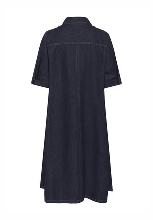 Dunkelblauses Jeanshemdkleid mit Kragen und kurzen Ärmeln, locker geschnitten, mit sichtbaren Nähten und knielangem Saum.