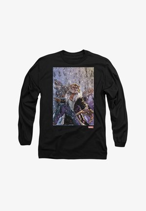 Black long-sleeve shirt featuring colorful comic art depicting a character with long hair and animals, set against a snowy background.