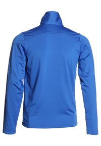 Blå långärmad jacka med hög krage, tillverkad av ett mjukt och stretchigt tyg. Har platta sömmar och en åtsittande silhuett.