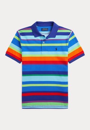 Kurzärmeliges Polo Ralph Lauren Shirt mit mehrfarbigen horizontalen Streifen in Blau, Grün, Rot, Orange und Lila sowie einem dunkelblauen Kragen.