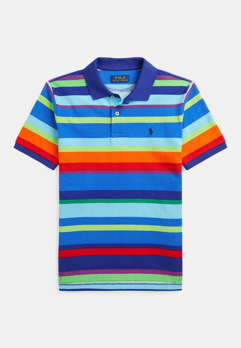 Chemise Polo Ralph Lauren à manches courtes avec des rayures horizontales multicolores en bleu, vert, rouge, orange et violet, et un col bleu marine.