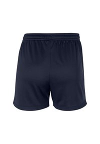 Marineblauwe sportshorts van lichtgewicht stof, met een elastische tailleband en een soepele textuur met een losse pasvorm.
