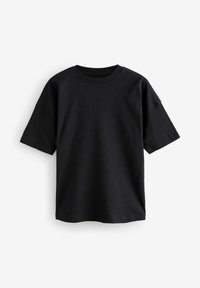 Schwarzes Kurzarm-T-Shirt aus Baumwolle. Hat einen runden Ausschnitt und eine lockere Passform. Schlichte Ausführung ohne sichtbare Muster oder Akzente.