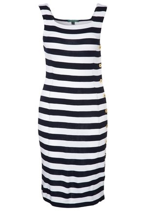 Robe midi rayée en marine et blanc, avec un décolleté carré, une coupe ajustée et des boutons dorés sur le côté. Fabriquée dans un tissu extensible.