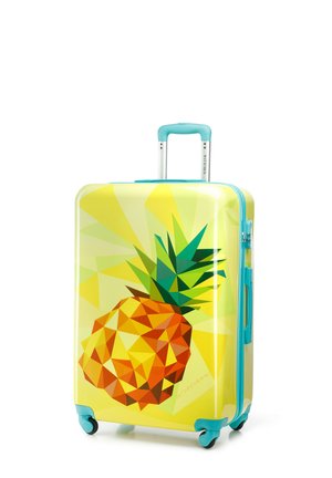 Hard-shell suitcase with a yellow geometric pineapple design, turquoise accents, and a retractable handle. Features four wheels for mobility.
