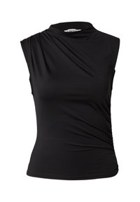 Zwarte mouwloze top van een zachte, rekbare stof. Heeft een gedrapeerde halslijn en geplooide zijdetails voor een getailleerde silhoutte.