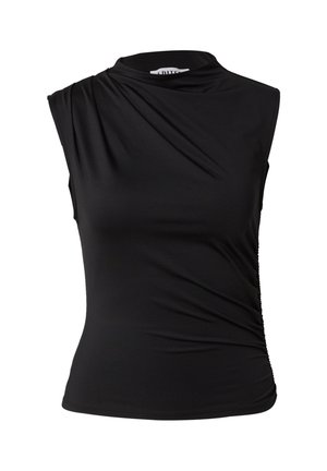 Schwarzes ärmelloses Oberteil aus einem weichen, dehnbaren Stoff. Verfügt über einen drapierten Ausschnitt und geraffte Seitendetails für eine figurbetonte Silhouette.