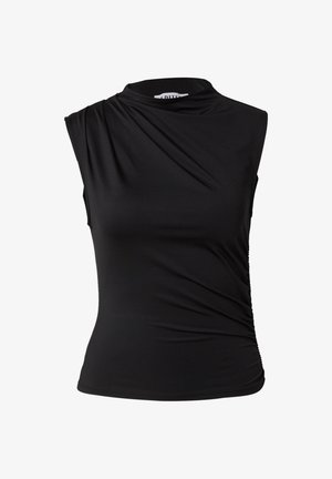 Schwarzes ärmelloses Oberteil aus einem weichen, dehnbaren Stoff. Verfügt über einen drapierten Ausschnitt und geraffte Seitendetails für eine figurbetonte Silhouette.