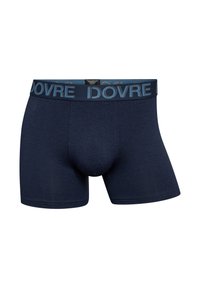 Marineblå boxershorts lavet af blødt stof, udstyret med en bred talje med "DOVRE" logo i lyseblå. Skåret til en tætsiddende pasform med et klassisk design.