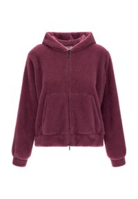 Felpa con zip in pile di colore viola scuro, caratterizzata da una texture morbida, tasche frontali e cappuccio. Le maniche e l'orlo a coste offrono una vestibilità aderente.