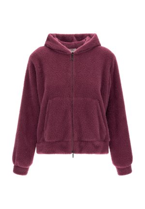 Felpa con zip in pile di colore viola scuro, caratterizzata da una texture morbida, tasche frontali e cappuccio. Le maniche e l'orlo a coste offrono una vestibilità aderente.