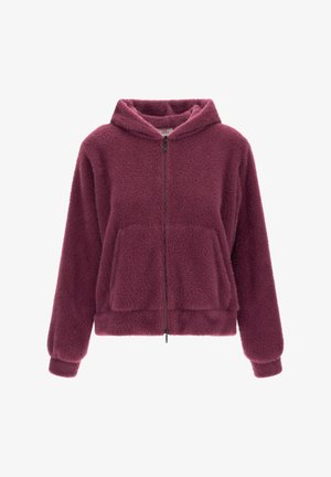 Fleece vetoketjuhuppari tumman violetissa värissä, jossa on pehmeä pinta, etutaskut ja huppu. Ribatut hihansuut ja helma takaavat mukavan istuvuuden.