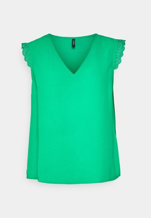 Groen mouwloos topje met een V-hals, voorzien van kanten accenten op de schoudernaad. Zachte, gestructureerde stof met een ontspannen pasvorm en een rechte zoom.