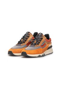 Sneaker multicolori con camoscio arancione, mesh grigia e dettagli neri. Presentano lacci neri spessi e una suola grossa bianca e nera.