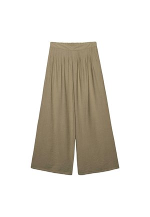 Hlače širokih nogavic, z visokim pasom in gubami, iz svetlo rjave tkanine z gladko teksturo in sproščenim krojem.