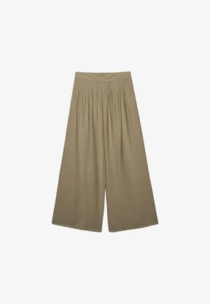 Hlače širokih nogavic, z visokim pasom in gubami, iz svetlo rjave tkanine z gladko teksturo in sproščenim krojem.