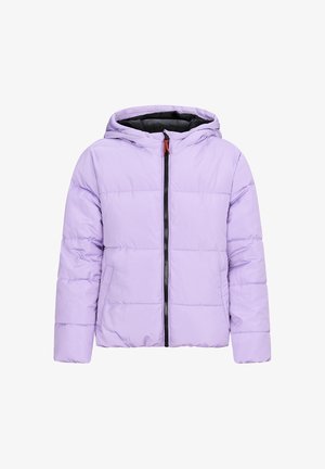 Hellblau Puffy-Jacke mit Kapuze, schwarzem Reißverschluss und strukturiertem Steppmuster. Verfügt über Seiten Taschen und ein glattes, wasserabweisendes Material.