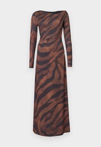 Φόρεμα με μακριά μανίκια, εφαρμοστό μπούστο και αέρινη φούστα, με καφέ και μαύρο ζιγκ-ζαγκ μοτίβο σε απαλό ύφασμα.