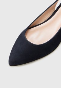 Ballerines en daim marine à bout pointu avec un intérieur en cuir nude lisse et des découpes sur les côtés pour une silhouette élégante.
