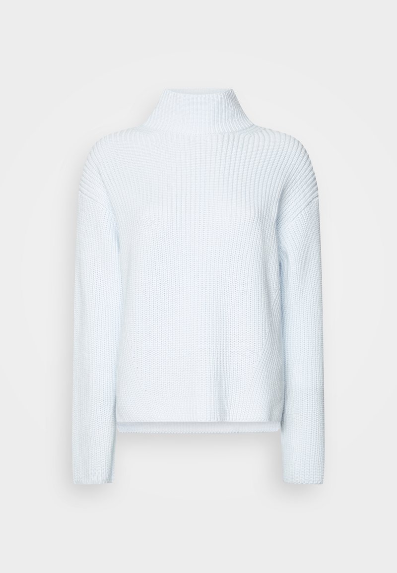 Pullover a maglia a coste blu chiaro con colletto alto, maniche lunghe e orlo dritto. Presenta una vestibilità rilassata e un tessuto texturizzato.