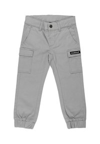 Graue Cargo-Hosen mit elastischen Bündchen, zwei seitlichen Taschen und einem Patch-Label am Oberschenkel. Hergestellt aus strapazierfähigem Material mit glatter Textur.