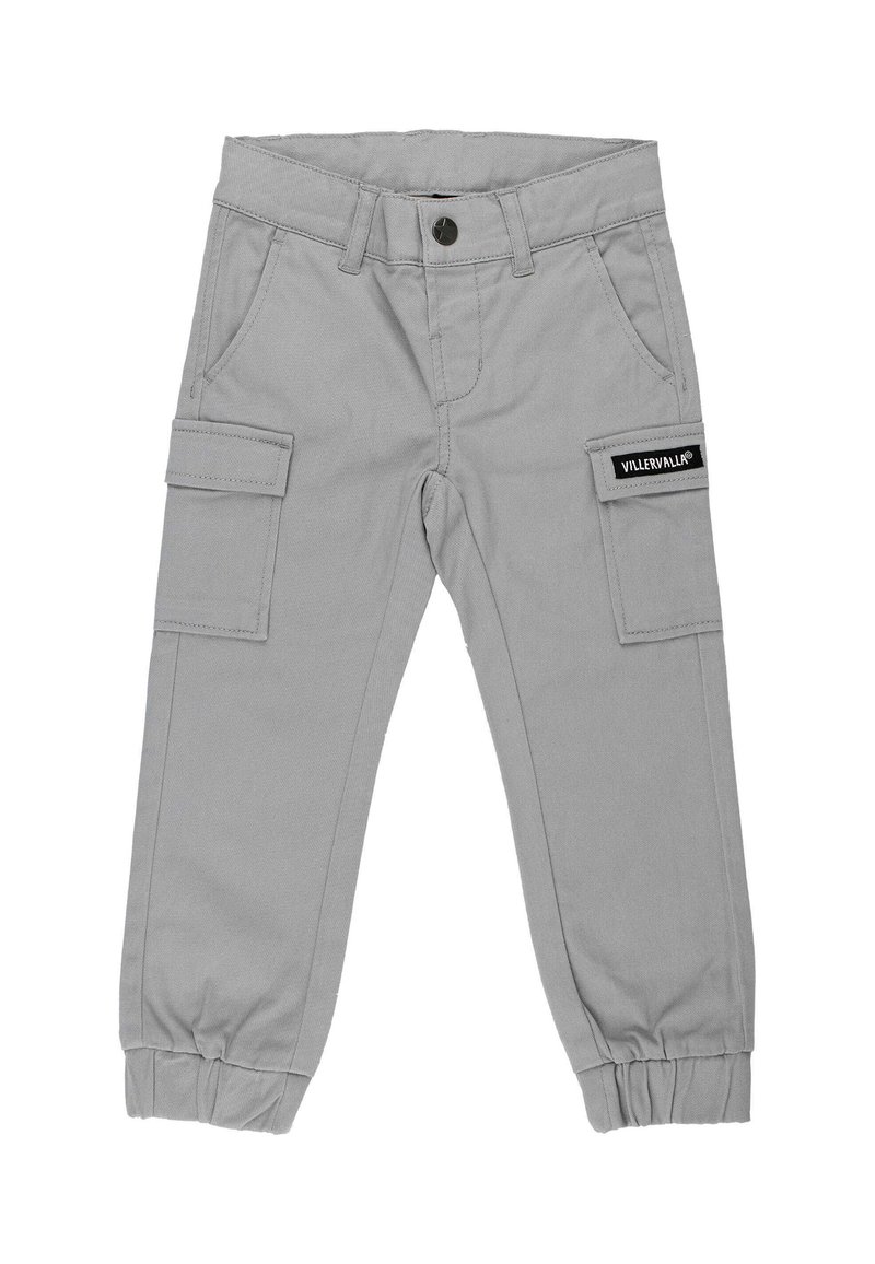 Graue Cargo-Hosen mit elastischen Bündchen, zwei seitlichen Taschen und einem Patch-Label am Oberschenkel. Hergestellt aus strapazierfähigem Material mit glatter Textur.