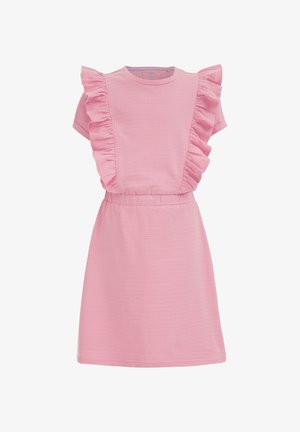 Pink kortærmet kjole med flæser på skuldrene, tekstureret stof, elastisk talje og rund halsudskæring.