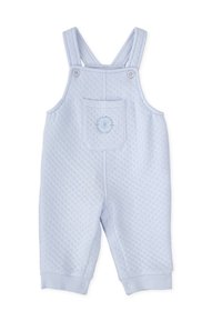 Overoles azul claro con una tela texturizada, con tirantes, un bolsillo delantero y detalles de botones. Puños elásticos en los tobillos.