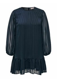 Mörk marinblå klänning med långa genomskinliga ballongärmar, rund halsringning, subtila vertikala ränder och en rynkad fåll längst ner.