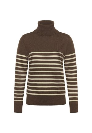 Brown turtleneck sweater with light beige horizontal stripes, ribbed collar and cuffs, and textured knit fabric.