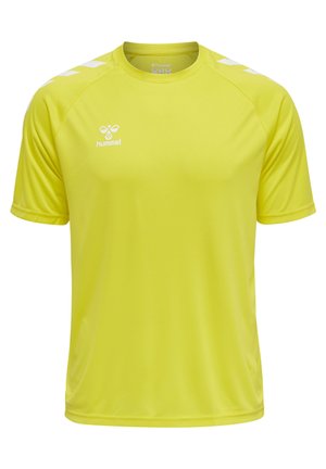 Lyst gul kortærmet sportstrøje med rund hals, der har hvide skulderdetaljer og et logo på venstre bryst.