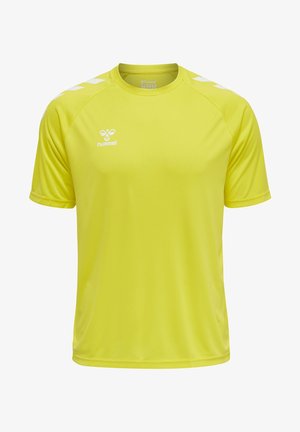 Lyst gul kortærmet sportstrøje med rund hals, der har hvide skulderdetaljer og et logo på venstre bryst.